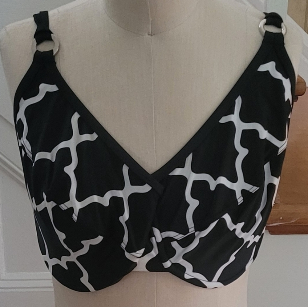 TARA GRINNA Black White Bikini Top Swimwear Size 32-36 E